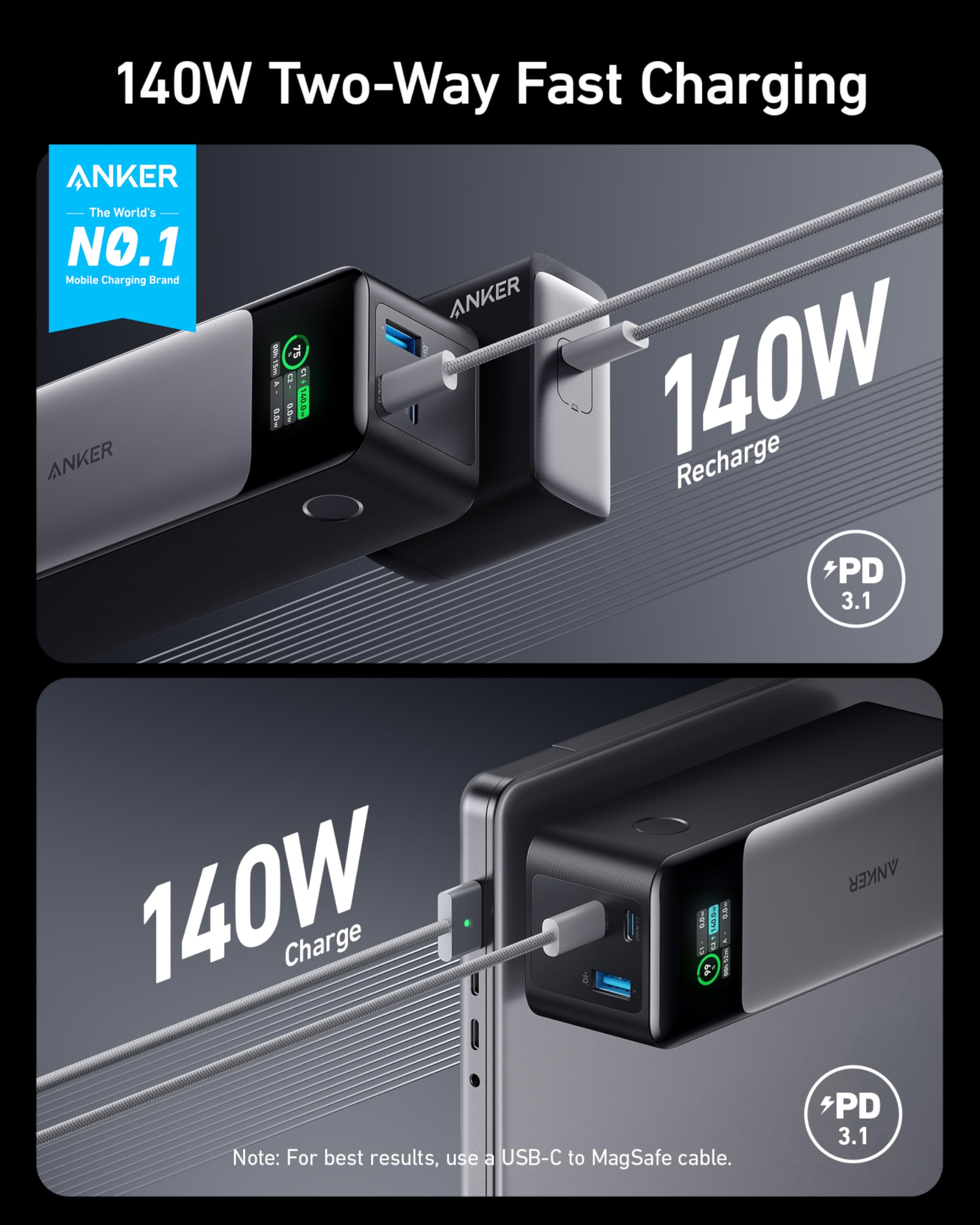 Anker Power Bank, 24,000mAh 3-Port Portable Charger with 140W Output, 737 (PowerCore 24K), Smart Digital Display, Compatible with iPhone 15/14/13 Series, Samsung, Dell, AirPods, and More