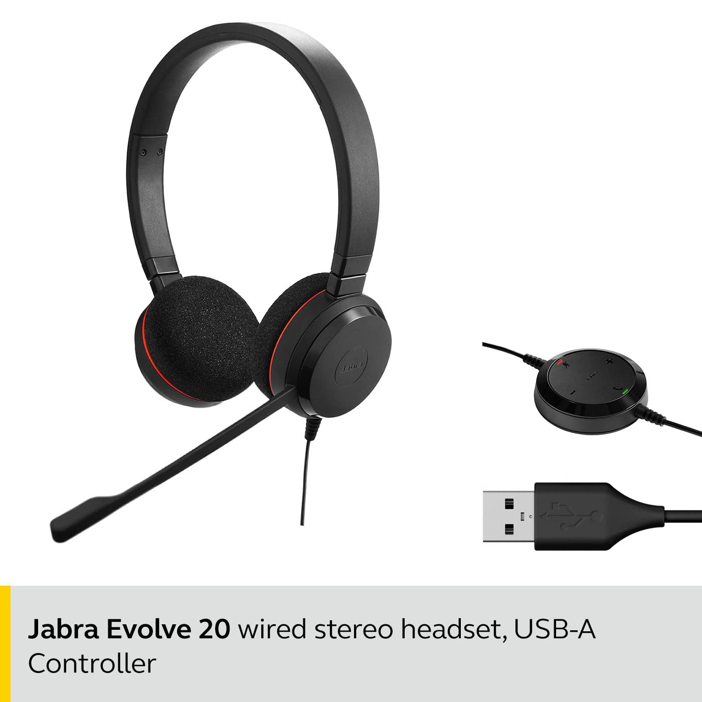 Jabra Evolve 20 UC Stereo Headset – Unified Communications Headphones for VoIP Softphone with Passive Noise Cancellation Controller Black